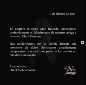 Mensaje de la disquera Street Mob Records tras el fallecimiento de Chuy Montana