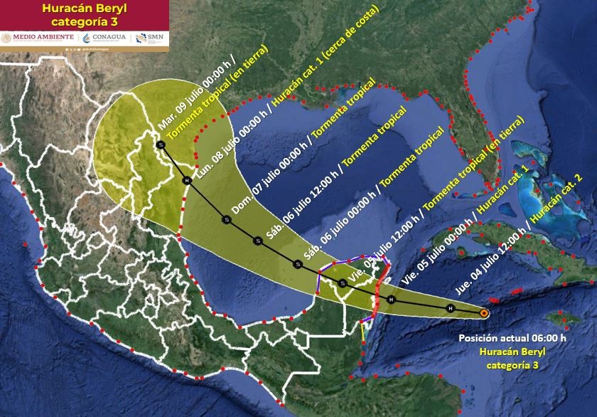 Huracán "Beryl" se acerca a México, así afectará al país
